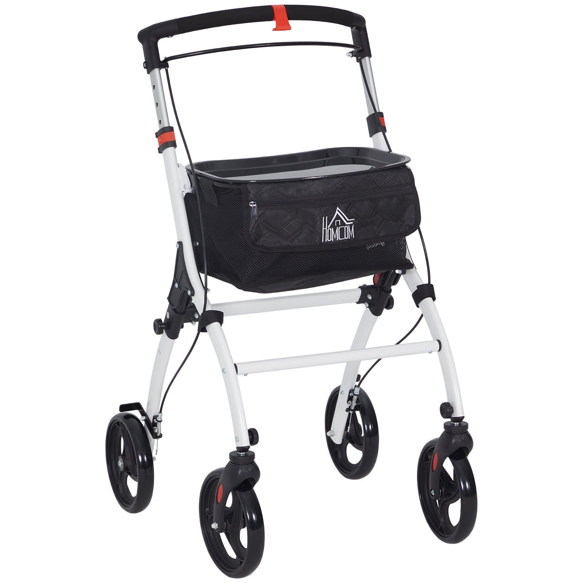 HOMCOM Folding Upright Rollator Walker with Storage Bag, Tray, White
