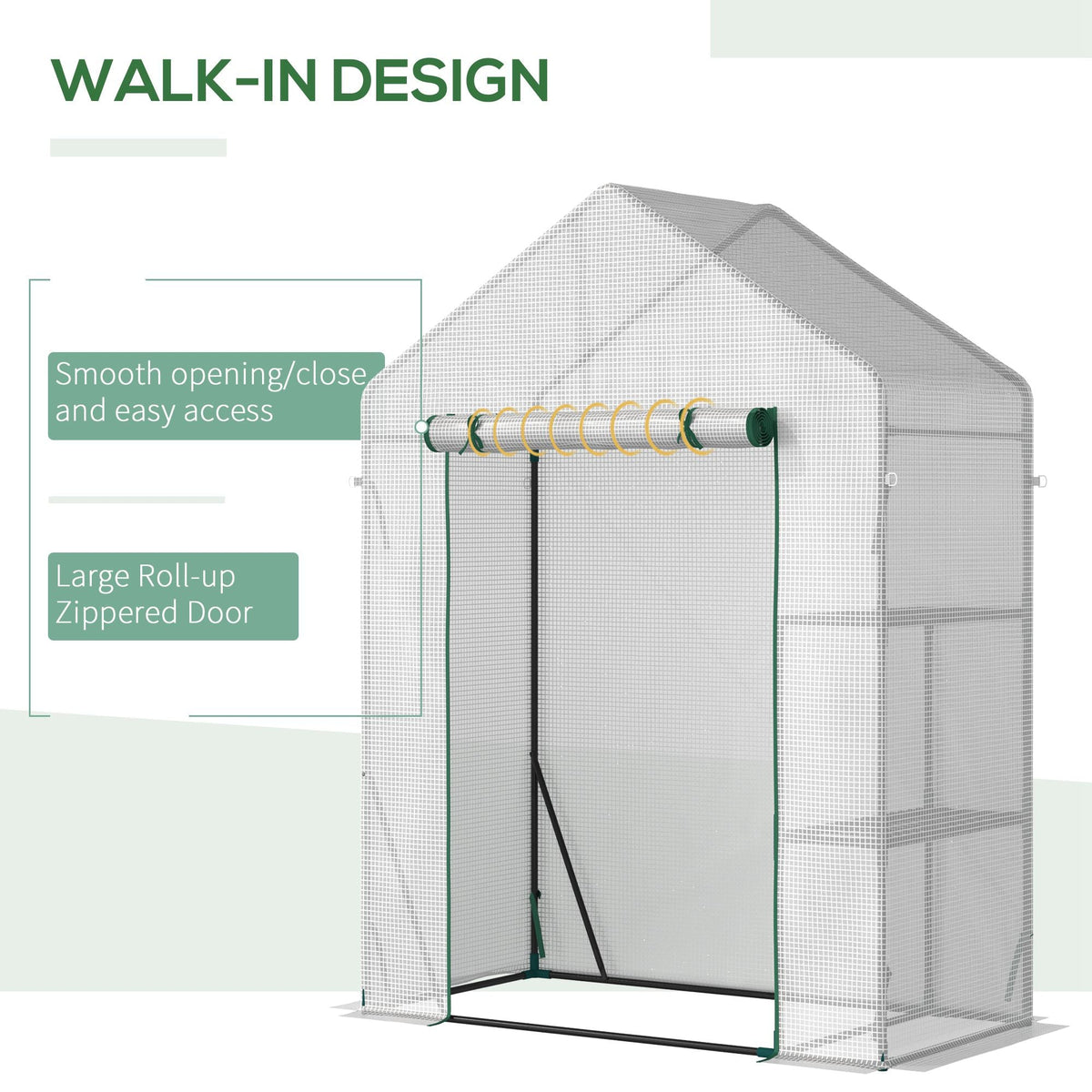 Outsunny Walk In Greenhouse with 2 Tier Shelf, Portable Gardening Plant Grow House with Roll up Zip Panel Door, Reinforced PE Cover, 143 x 73 x 195cm, Green