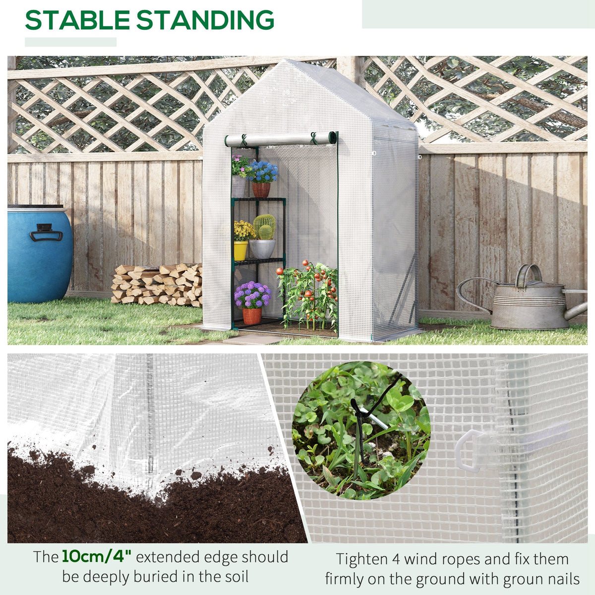 Outsunny Walk In Greenhouse with 2 Tier Shelf, Portable Gardening Plant Grow House with Roll up Zip Panel Door, Reinforced PE Cover, 143 x 73 x 195cm, Green