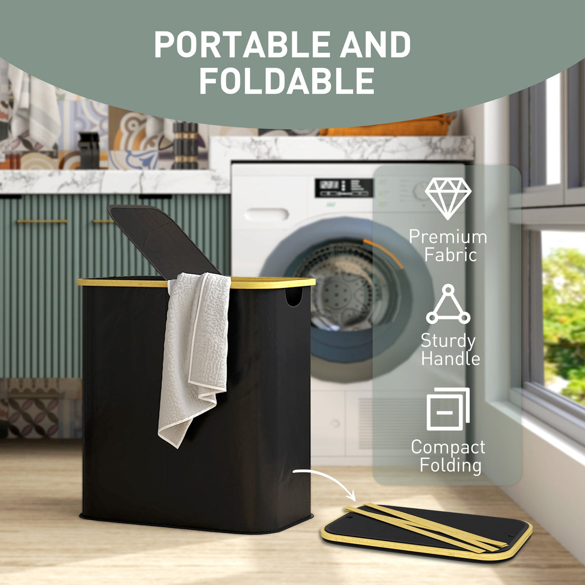 HOMCOM 80L Collapsible Laundry Hamper, Washing Basket for Bathroom, Black