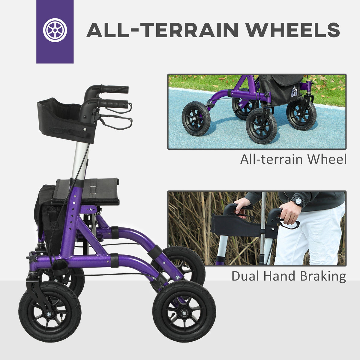 HOMCOM Rollator Walker with Seat, Backrest, Bag, All-terrain Wheels