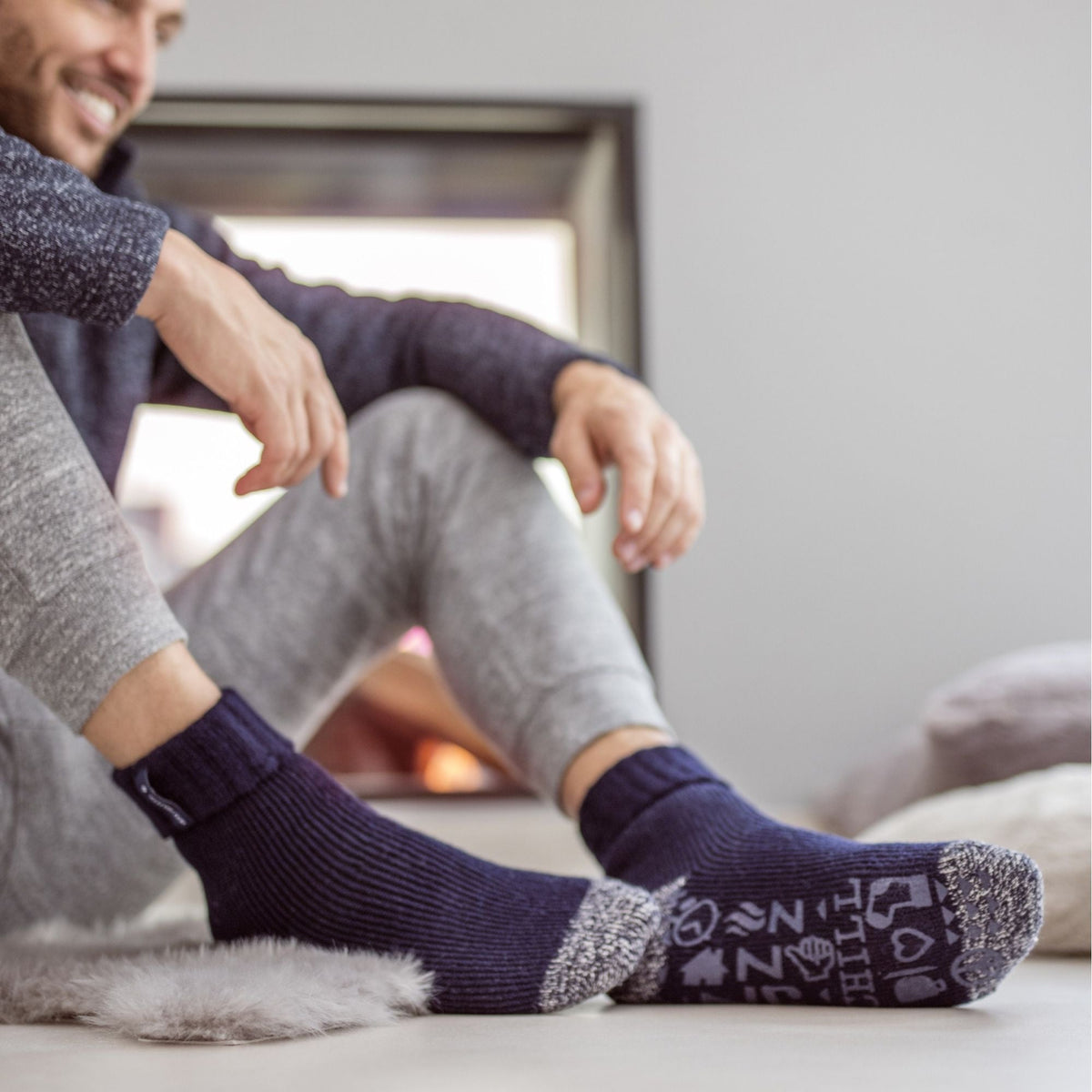 Mens Turnover Thermal Fleece Lined Bed Socks with Non Slip Grips