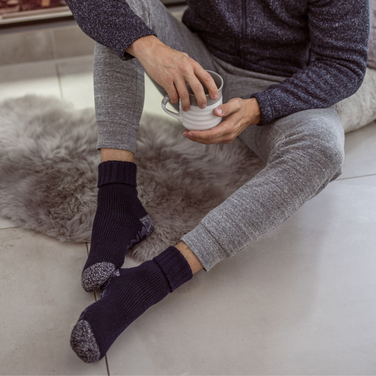 Mens Turnover Thermal Fleece Lined Bed Socks with Non Slip Grips
