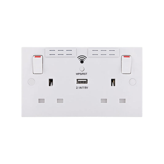British General Square Edge 13A 2 Gang Switched Socket with Wi-Fi Extender + 1x USB-A 2.1A - White