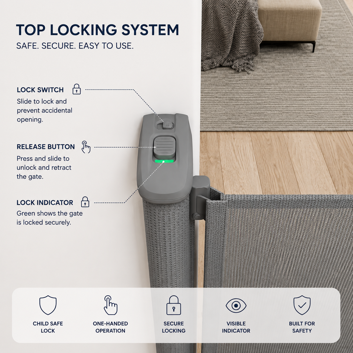 FYLO Premium Baby Fabric Safety Retractable Stair Gate - Grey (Upto 120cm Width)