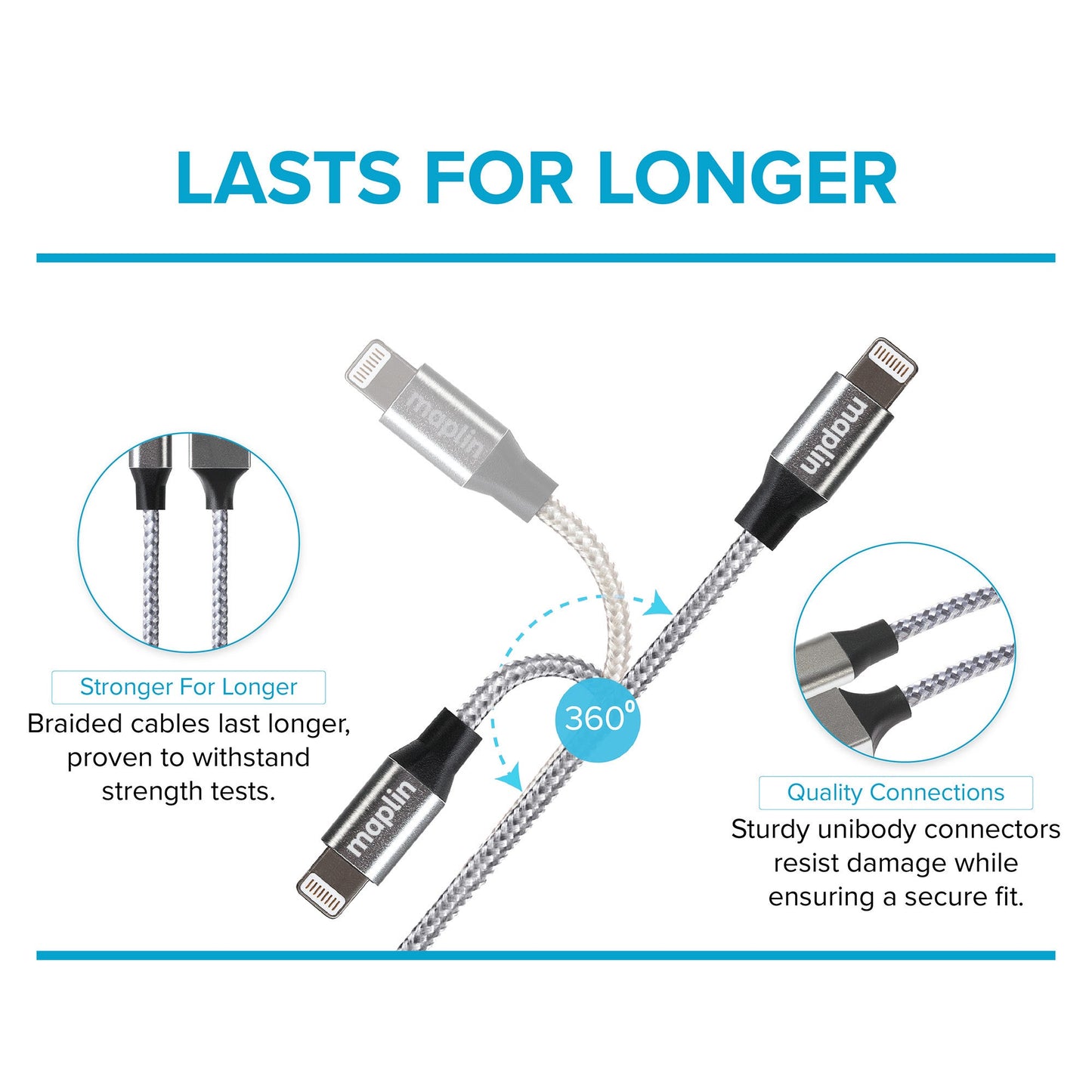 Maplin Premium Apple MFI Certified Tangle-Free Lightning to USB-A 2.0 Cable - Silver, 3m