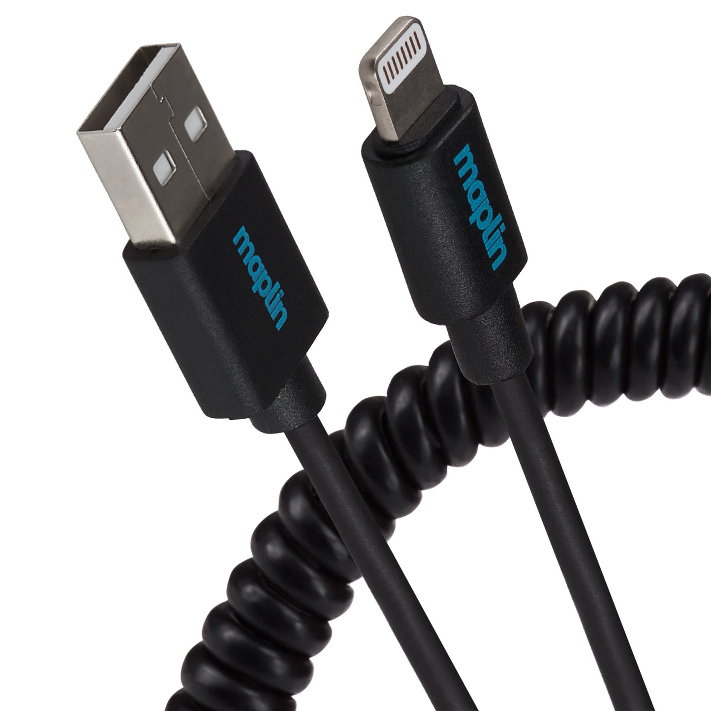 Maplin Lightning Connector to USB-A Coiled Curly Cable - Black