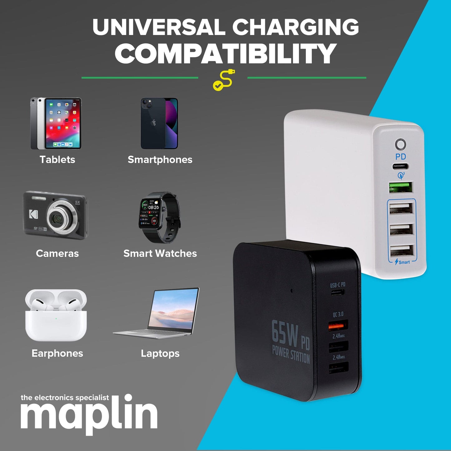 Maplin 4 Port (1 x USB-C PD / 3 x USB-A 3.0 QC) 65W GaN USB Laptop Charger with 1.2m Cable