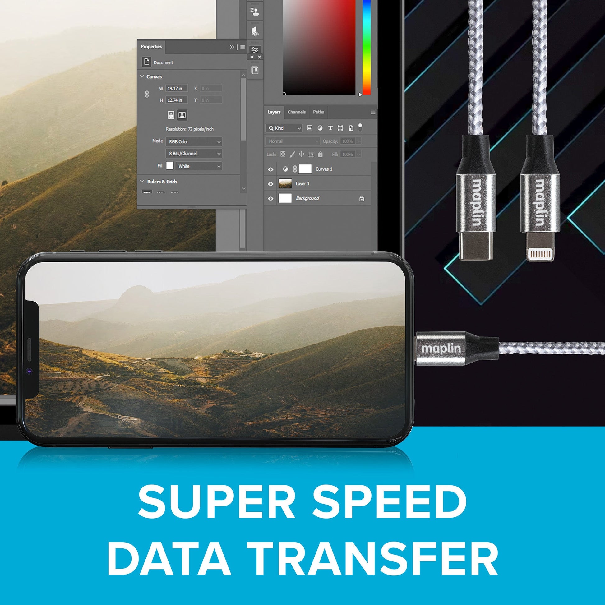 Maplin Lightning to USB-C 20W High Speed Braided Cable - Silver, 3m