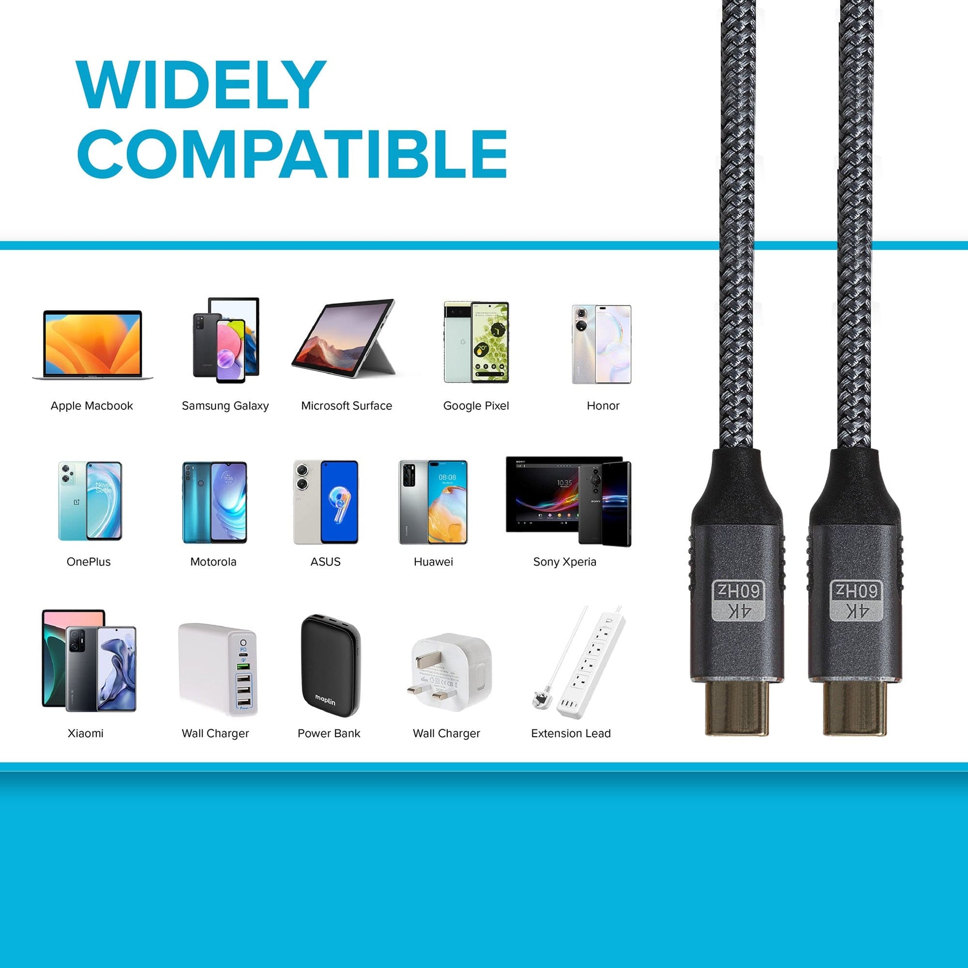 Maplin Pro USB-C to USB-C Gen2 100W 20Gbps Power Delivery Super Speed Data Transfer & Charging Braided Cable - Silver, 3m