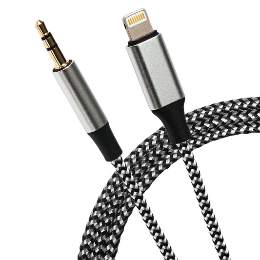 Maplin Lightning to 3.5mm Aux Stereo 3 Pole Jack Plug Braided Cable - Silver, 1m