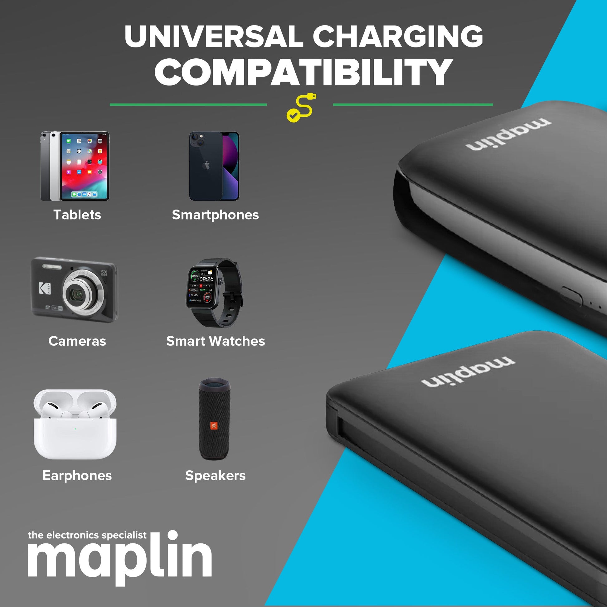 Maplin 10000mAh Slim Power Bank with Integrated Lightning, USB-C, USB-A & Micro USB Cables