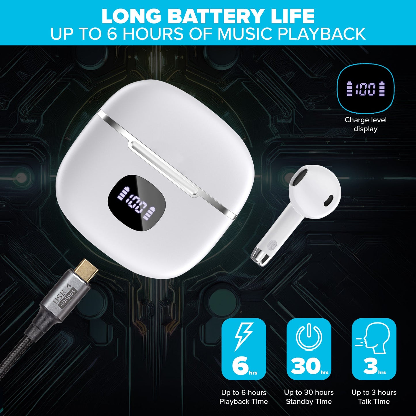 Maplin Wireless Bluetooth Classic Fit Earphones with USB-C Charging Case – White