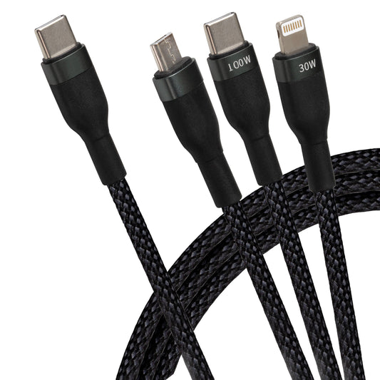 Maplin USB-C to 3-in-1 Multi-Charging USB-C / Lightning / Micro USB 100W Braided Cable - 1.2m