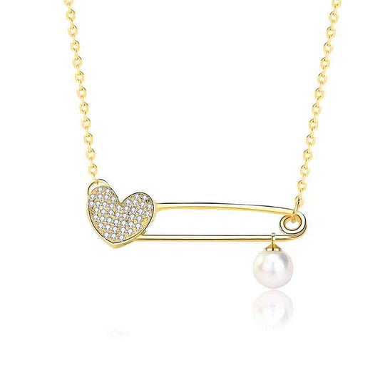 Not CZ Heart Clip Natural Pearl Necklace - Gold-Plated Silver Pearl Necklace - Perfect Pearl Necklace with Gift Wrapping Included