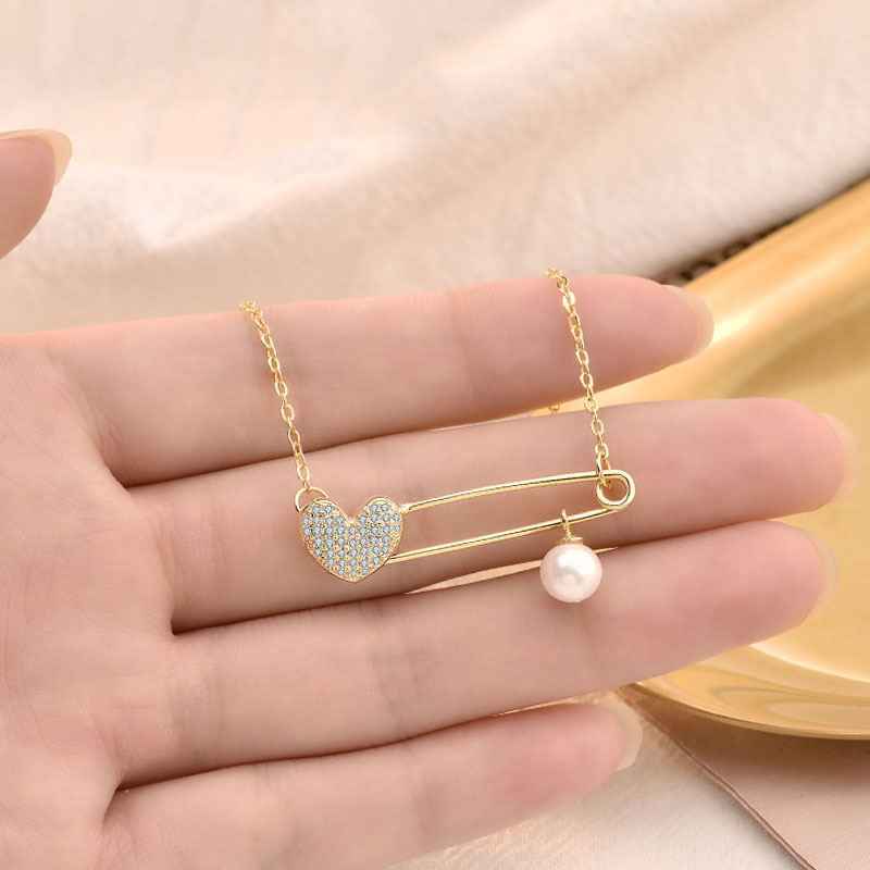 Not CZ Heart Clip Natural Pearl Necklace - Gold-Plated Silver Pearl Necklace - Perfect Pearl Necklace with Gift Wrapping Included