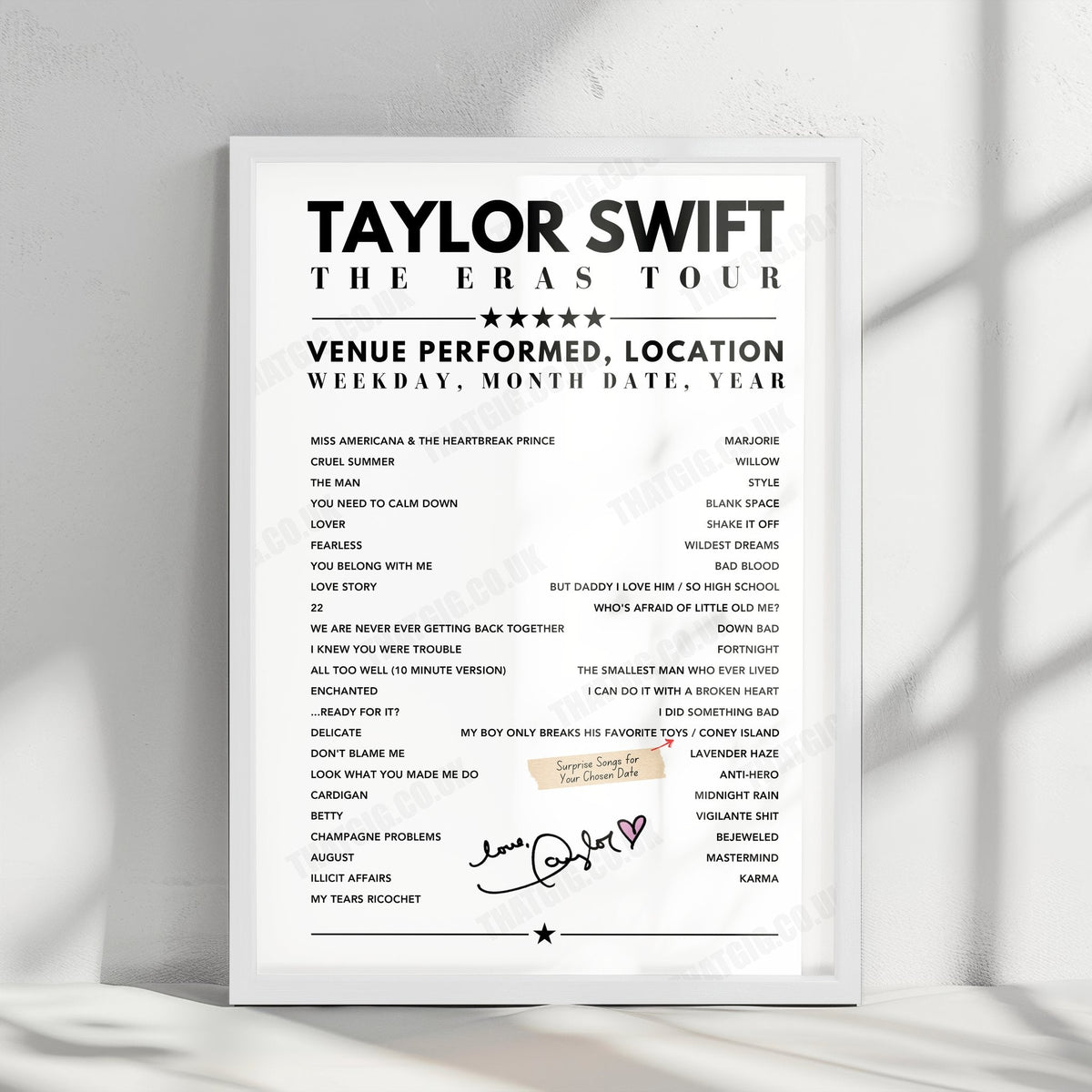Taylor Swift Setlist Poster - Tokyo Dome, Tokyo - February 9th, 2024