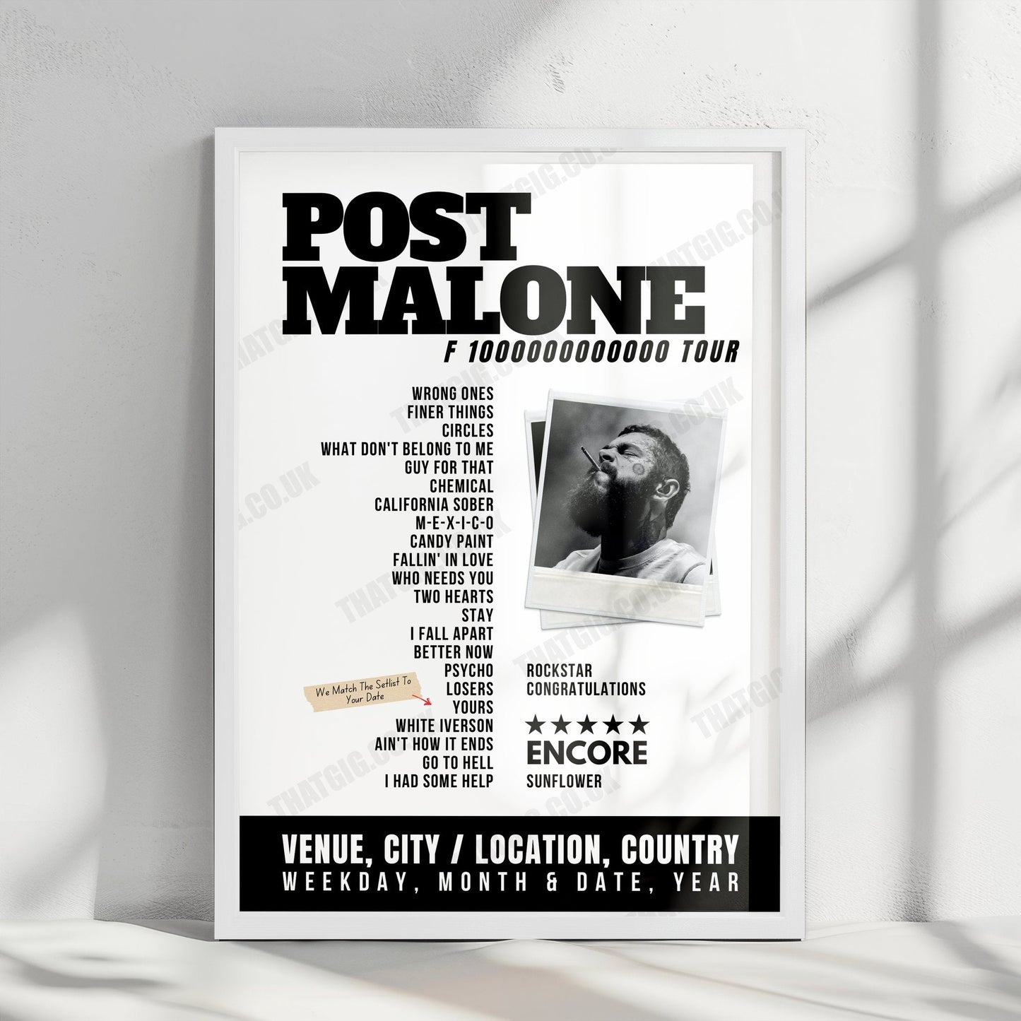 Post Malone Setlist Poster- SoFi Stadium, Inglewood - March 16th, 2024