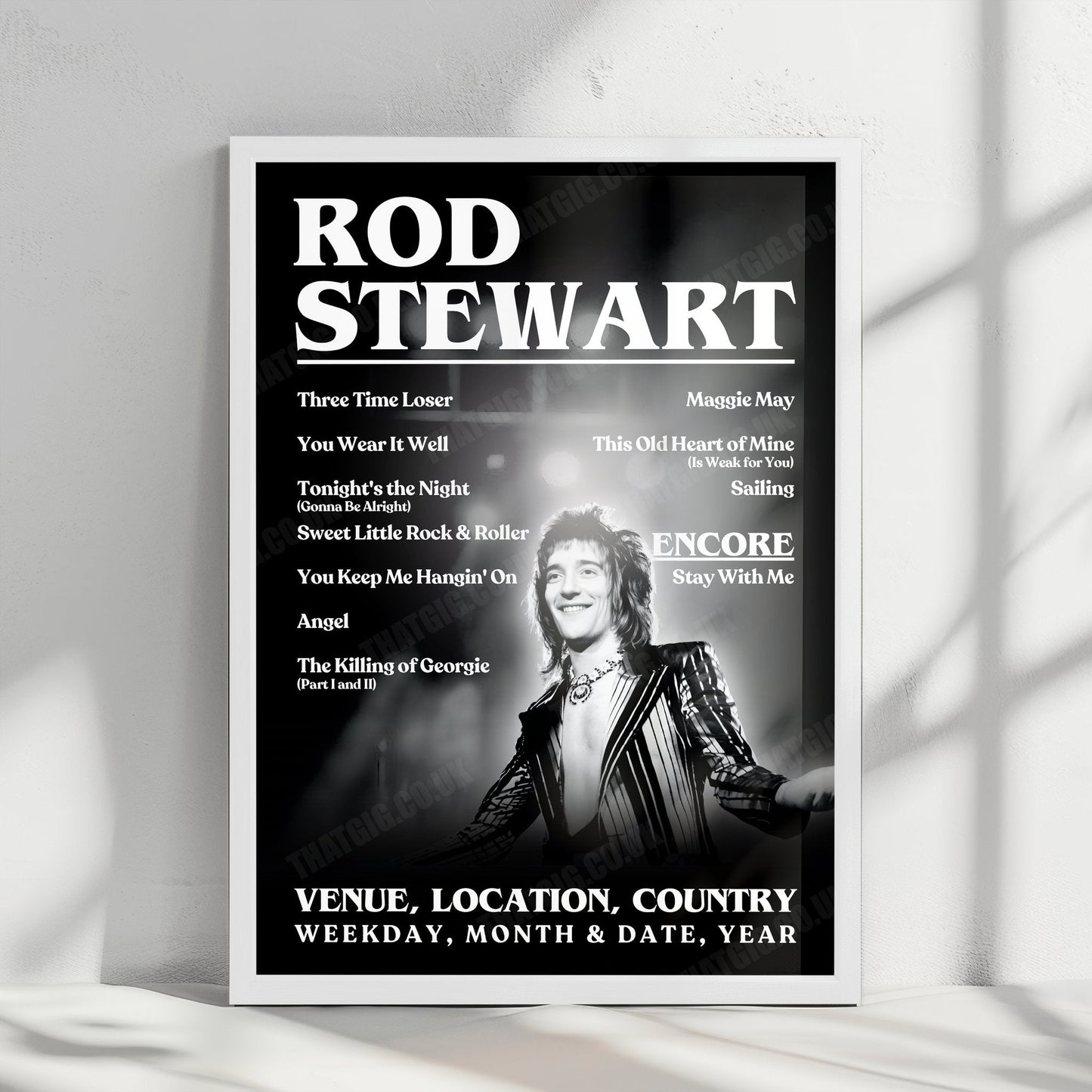Rod Stewart Setlist Poster - Olympia Grand Hall, London, England - December 22nd, 1976