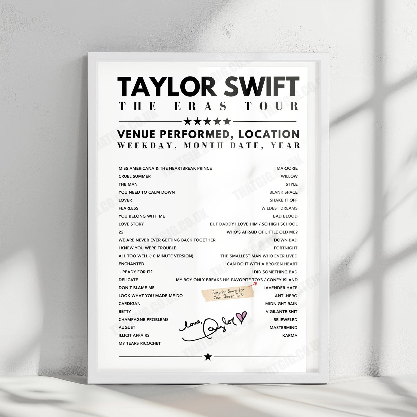 Taylor Swift Setlist Poster - Letzigrund Stadion, Zurich - July 9th, 2024