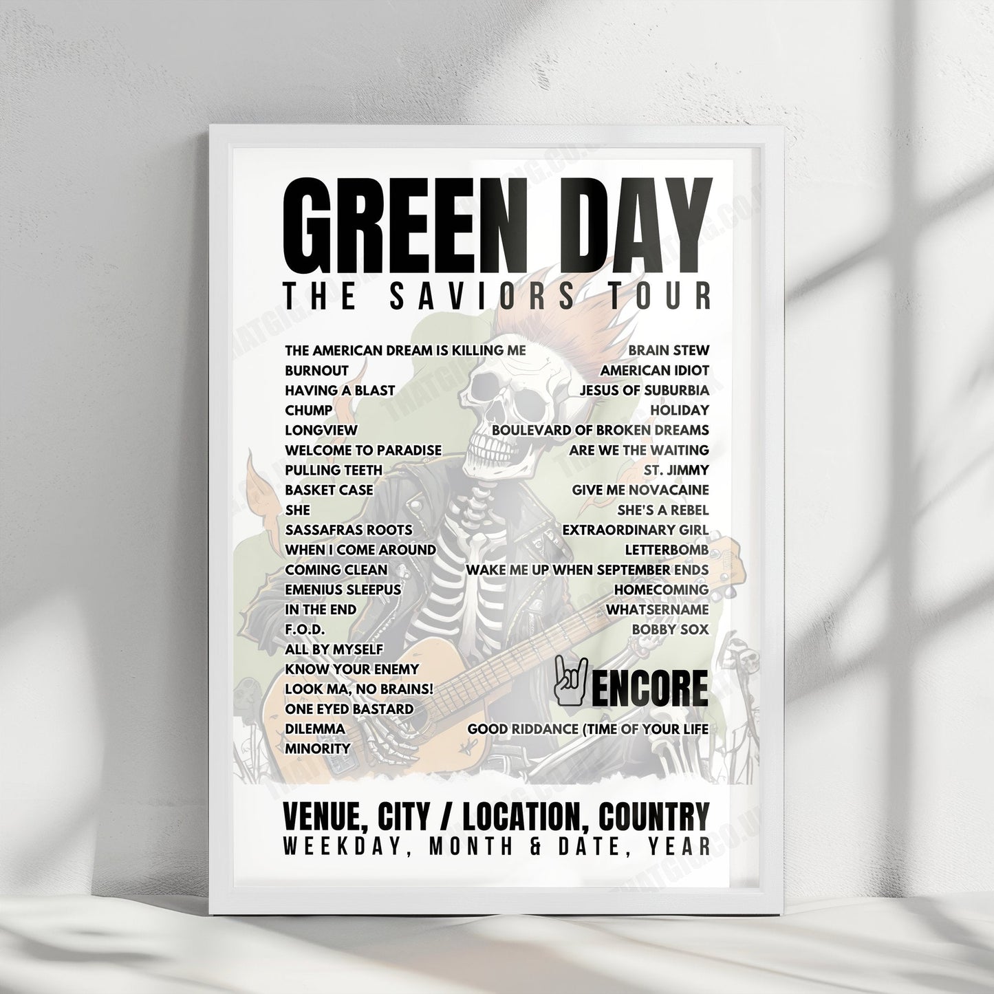 Green Day Setlist Poster - FNB Stadium, Johannesburg - January 19th, 2025
