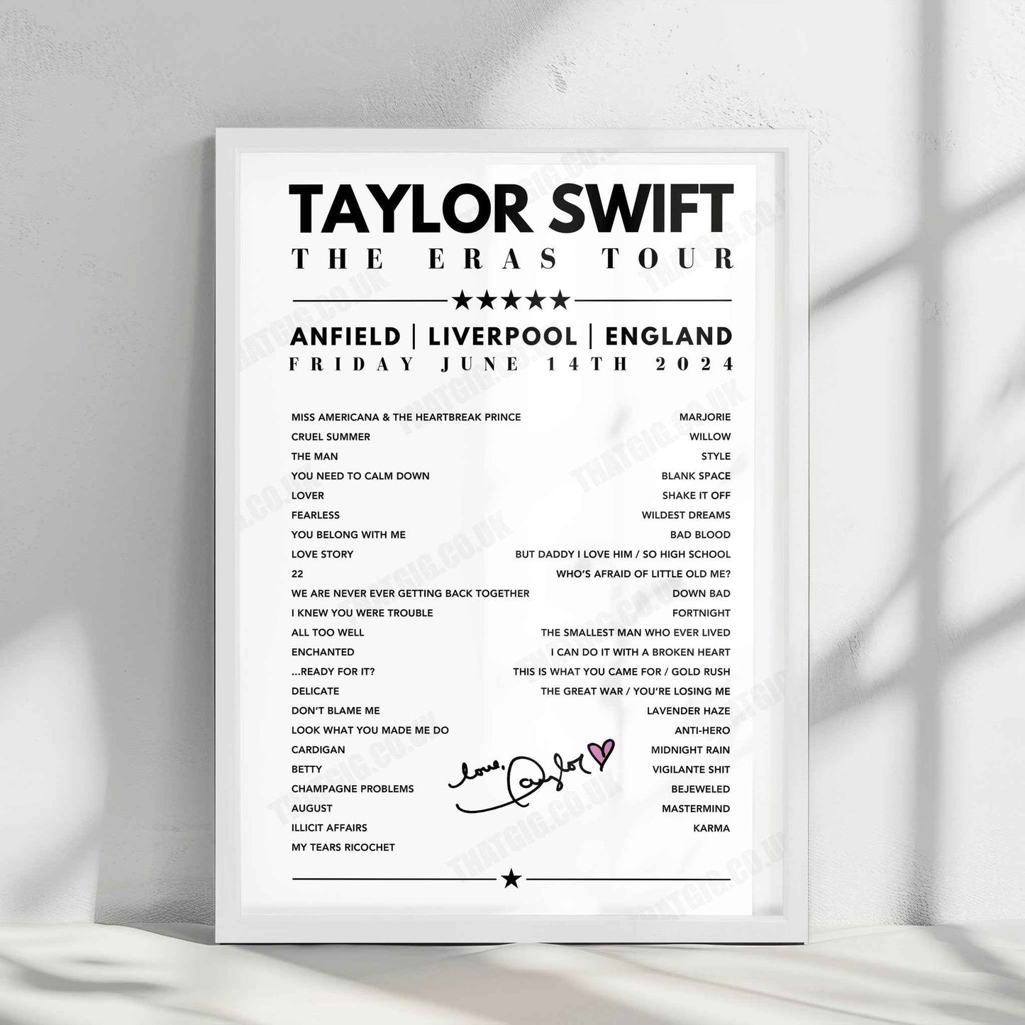 Taylor Swift Setlist Poster - Anfield, Liverpool, 14th June 2024