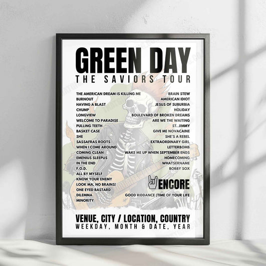 Green Day Setlist Poster - Mahalaxmi Race Course, Mumbai - March 9th, 2025