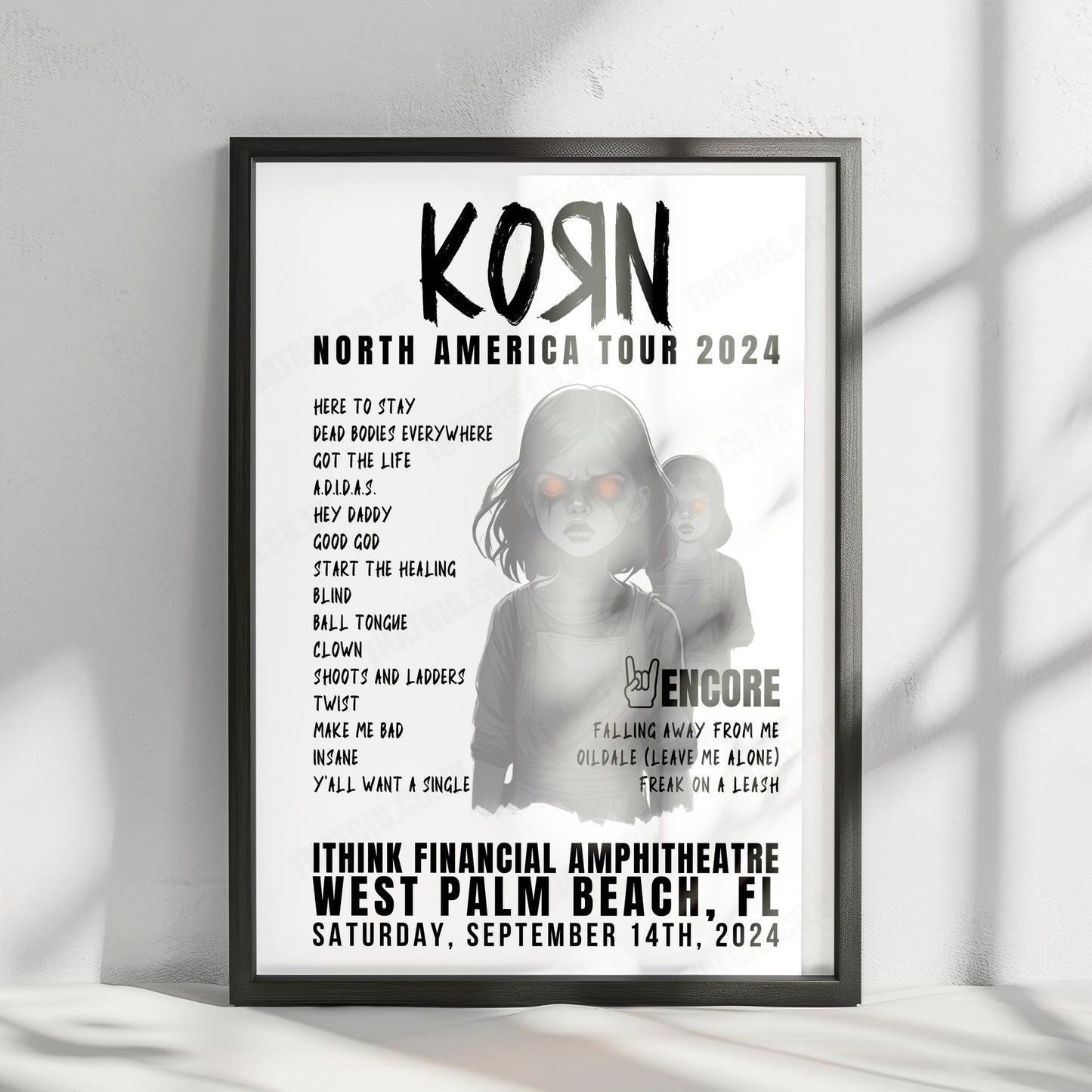Korn Setlist Poster -  iTHINK Financial Amphitheatre, West Palm Beach, September 14th, 2024