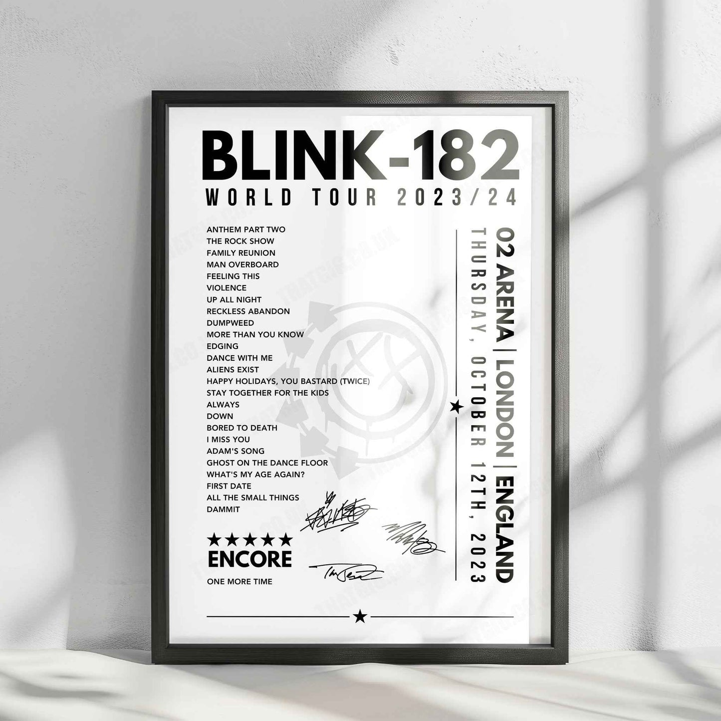 Blink-182 Setlist Poster - The O2 Arena, London - October 12th, 2023