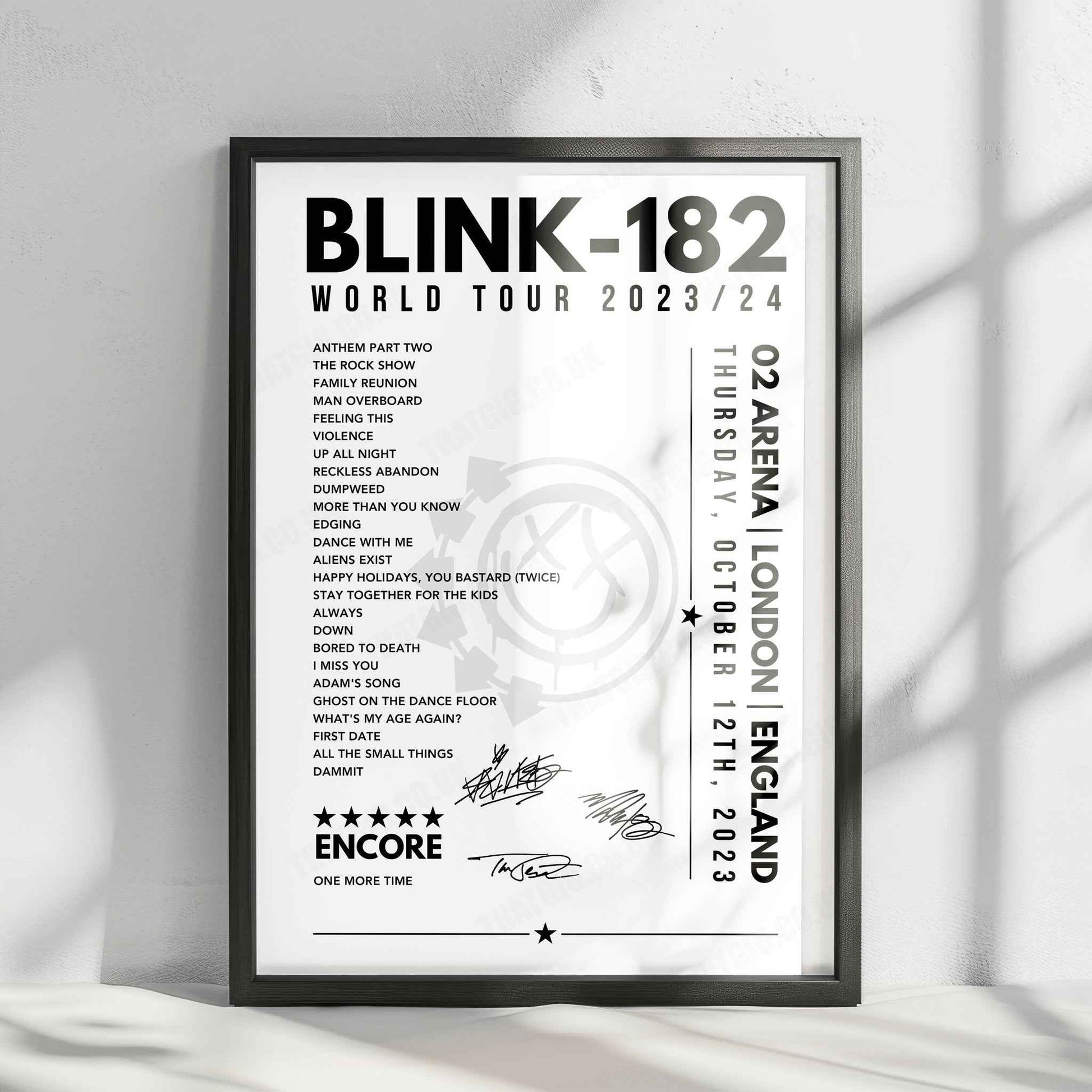 Blink-182 Setlist Poster - The O2 Arena, London - October 12th, 2023