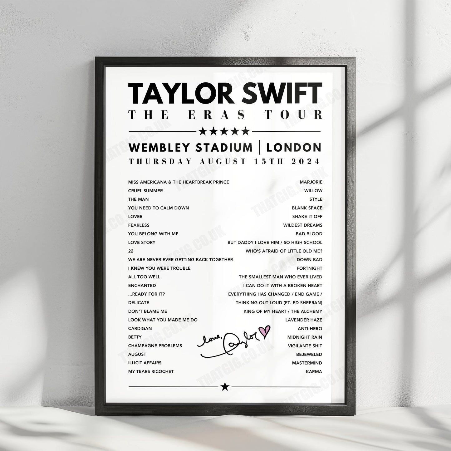 Taylor Swift Setlist Poster - Wembley, London - 15th August 2024