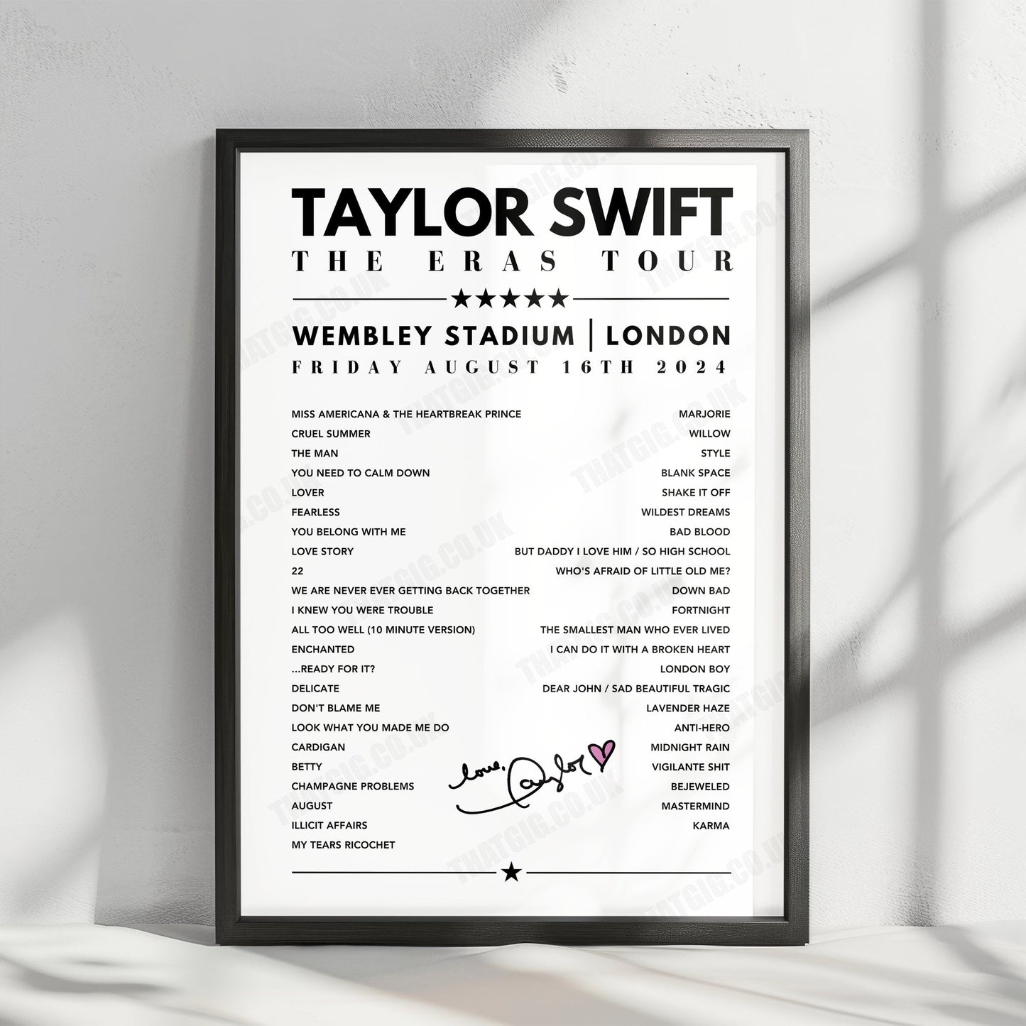 Taylor Swift Setlist Poster - Wembley, London - August 16th 2024