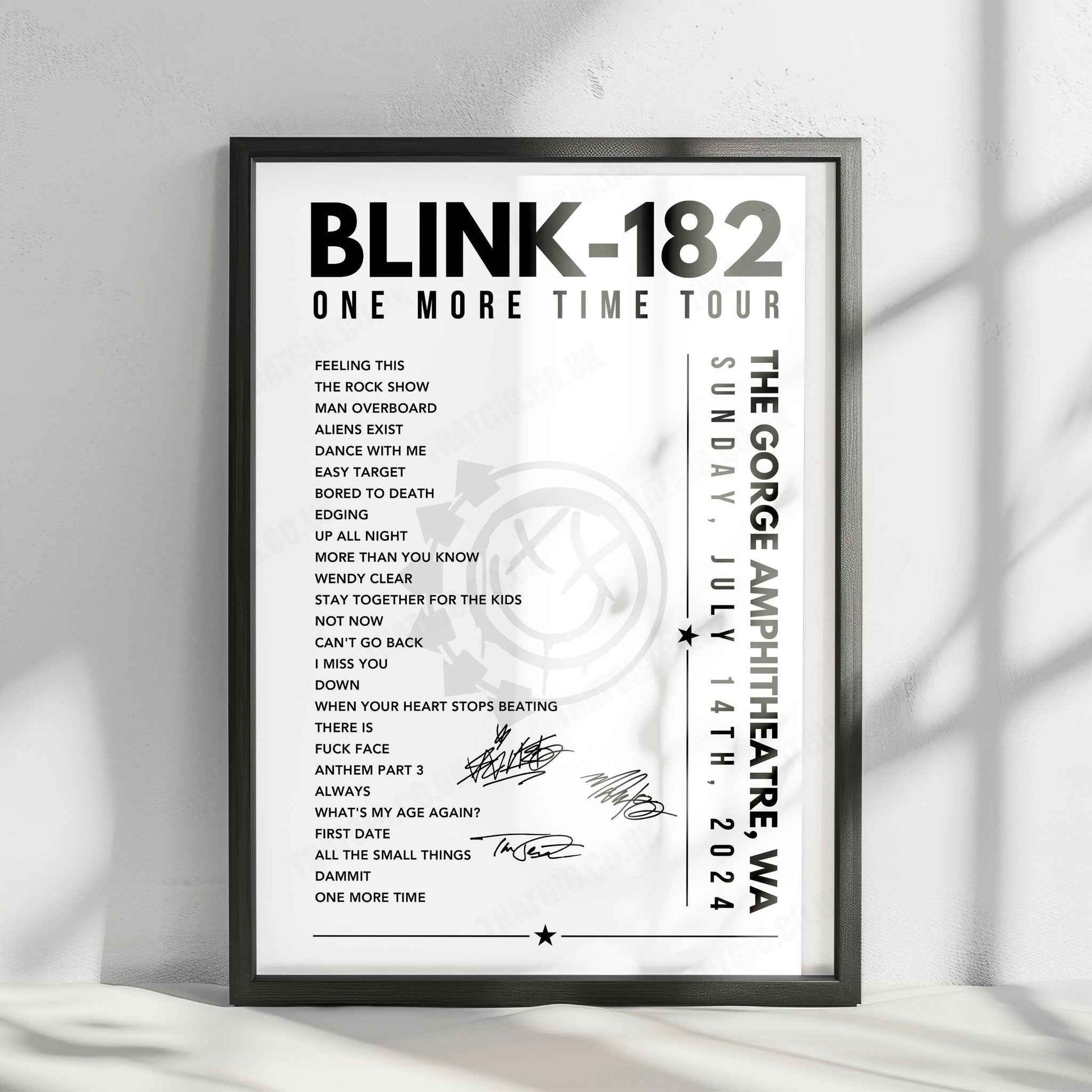 Blink-182 Setlist Poster - The Gorge Amphitheatre, George, USA - July 14th, 2024