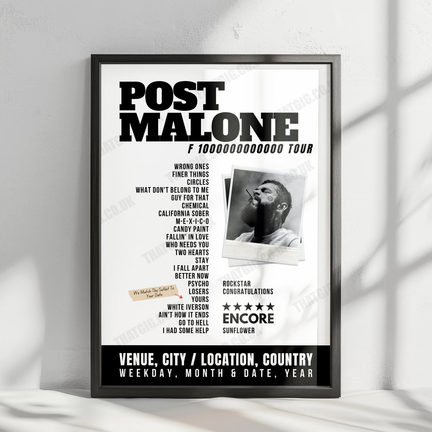 Post Malone Setlist Poster - Zouk Nightclub, Las Vegas - February 11th, 2024