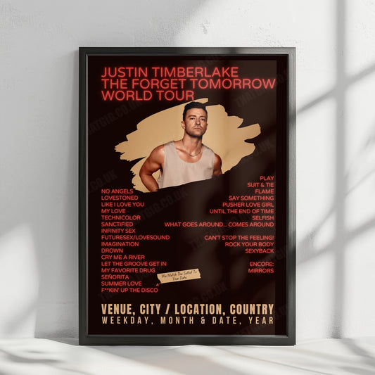 Justin Timberlake Setlist Poster - Gainbridge Fieldhouse, Indianapolis, IN, USA - December 16th, 2024