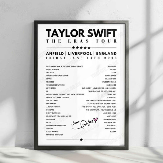 Taylor Swift Setlist Poster - Anfield, Liverpool, 14th June 2024