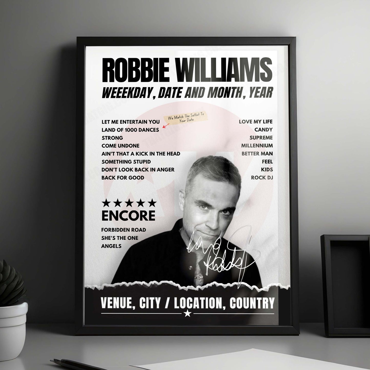 Robbie Williams Setlist Poster - The Granaries, Floriana, Malta - August 24th, 2023