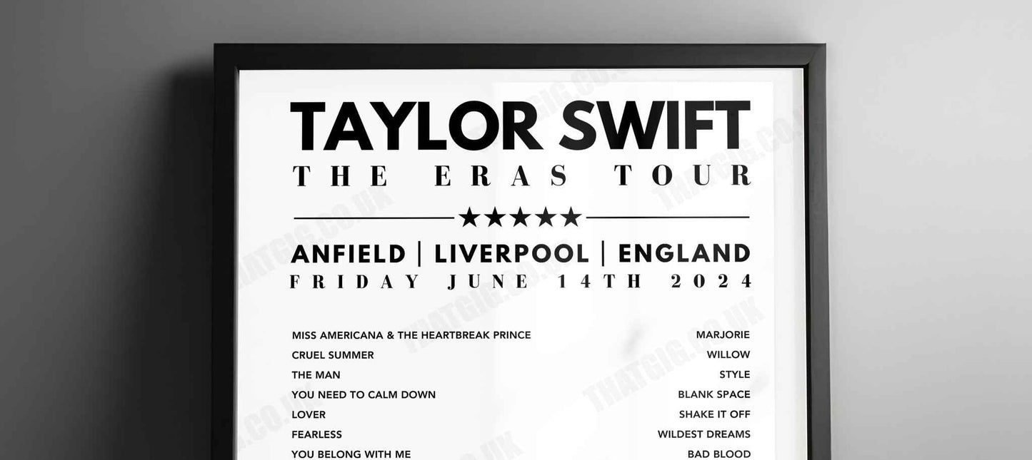 Taylor Swift Setlist Poster - Anfield, Liverpool, 14th June 2024