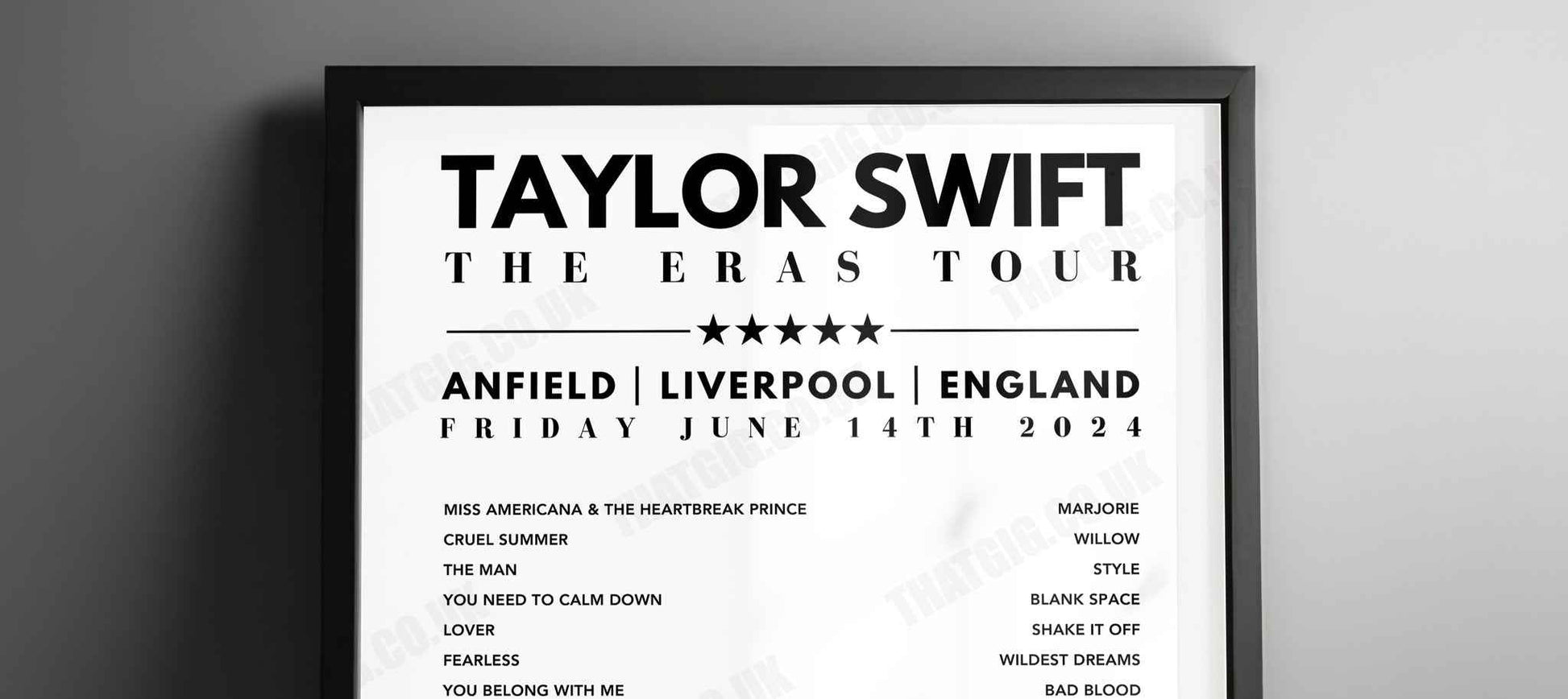 Taylor Swift Setlist Poster - Anfield, Liverpool, 14th June 2024