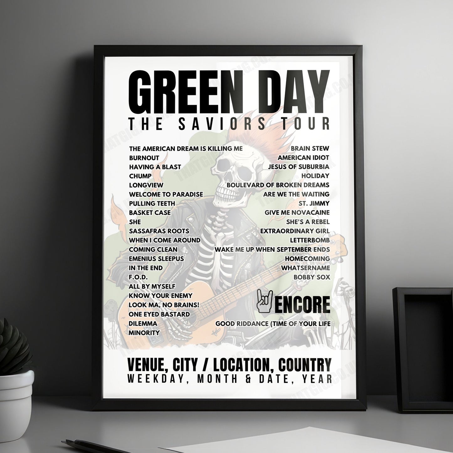 Green Day Setlist Poster - Mahalaxmi Race Course, Mumbai - March 9th, 2025