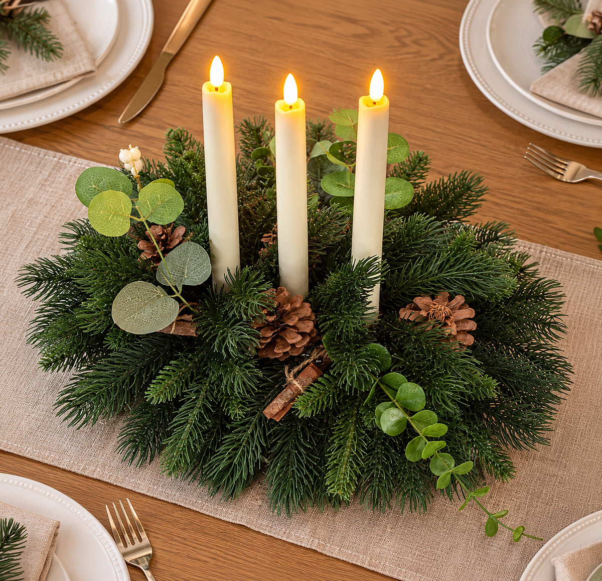 Pine & Eucalyptus Table Centrepiece with 3 LED Candles