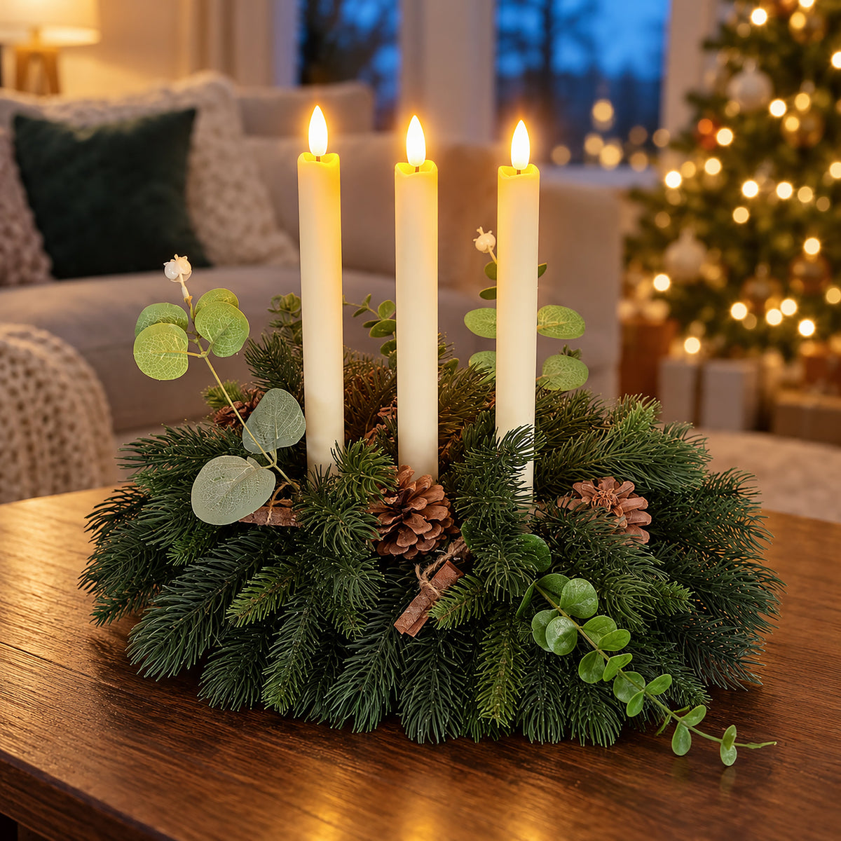 Pine & Eucalyptus Table Centrepiece with 3 LED Candles