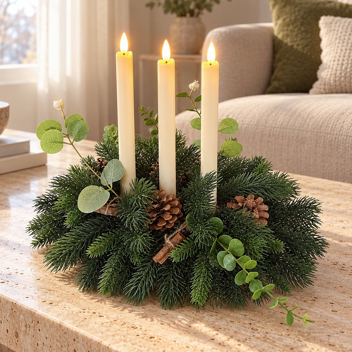 Pine & Eucalyptus Table Centrepiece with 3 LED Candles
