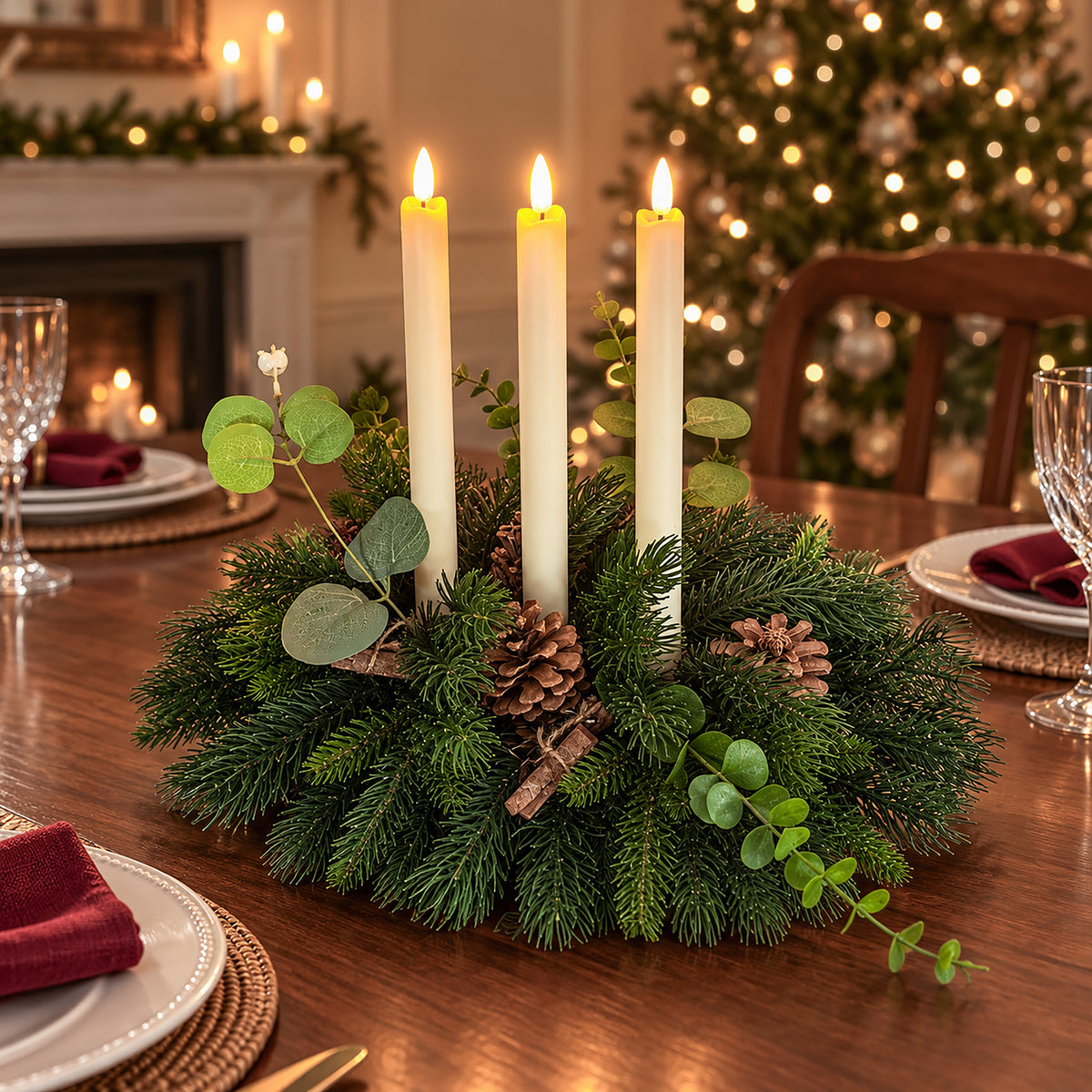 Pine & Eucalyptus Table Centrepiece with 3 LED Candles