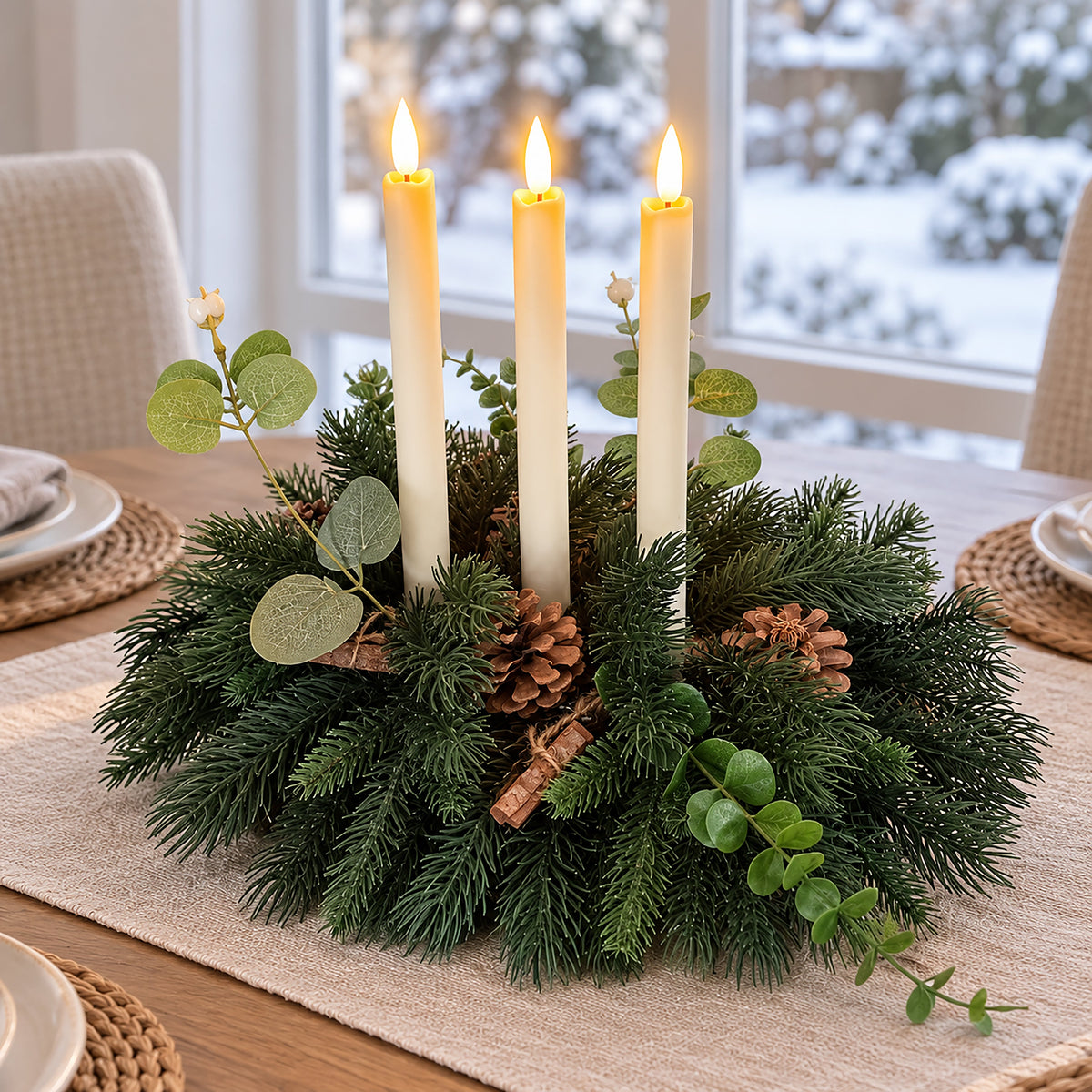 Pine & Eucalyptus Table Centrepiece with 3 LED Candles