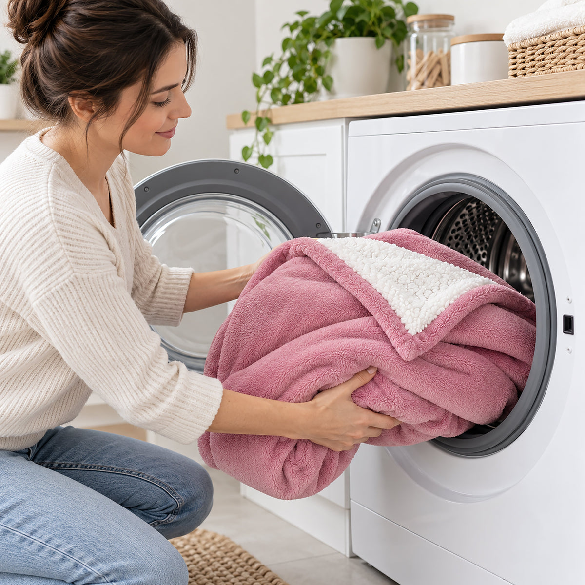 Large Pink Heated Flannel & Sherpa Fleece Throw Blanket