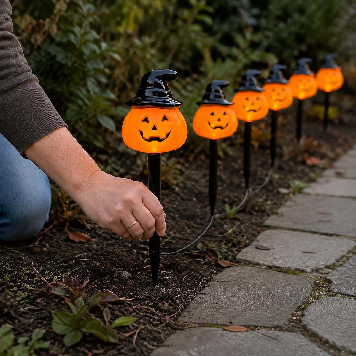 Set of 6 Battery Operated Halloween Pumpkin Stake Lights