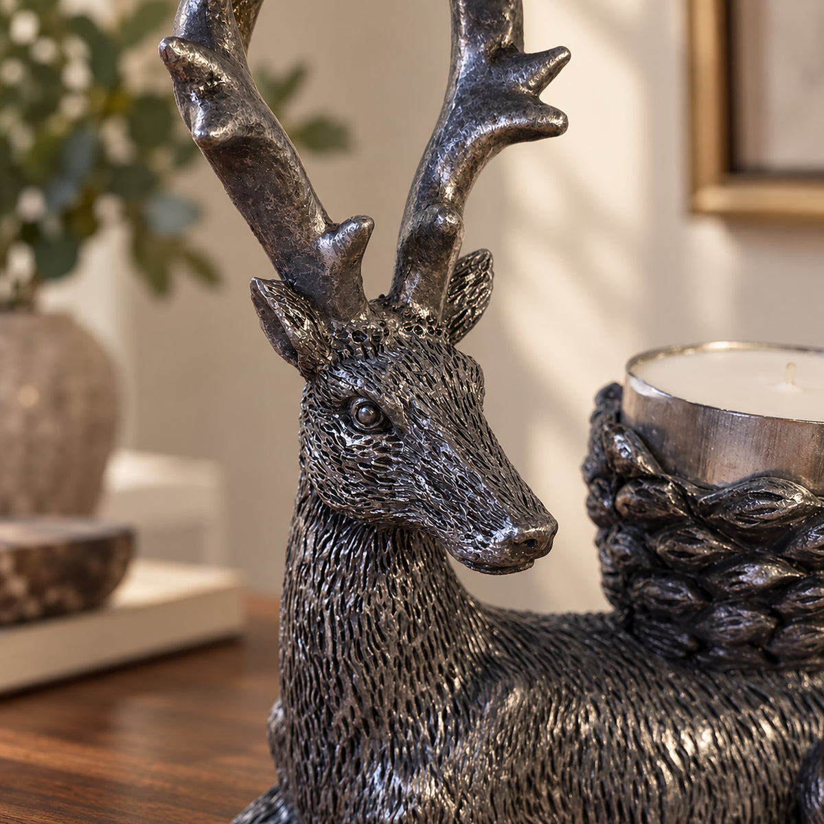 Antique Silver Stag Tealight Holders – Set of 2
