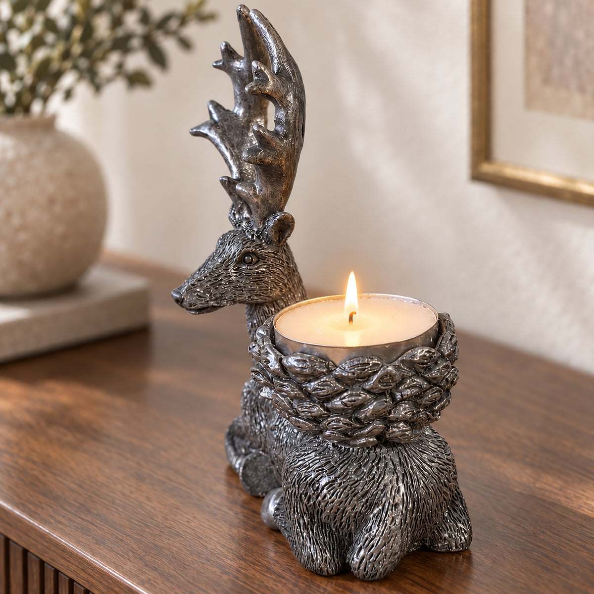 Antique Silver Stag Tealight Holders – Set of 2