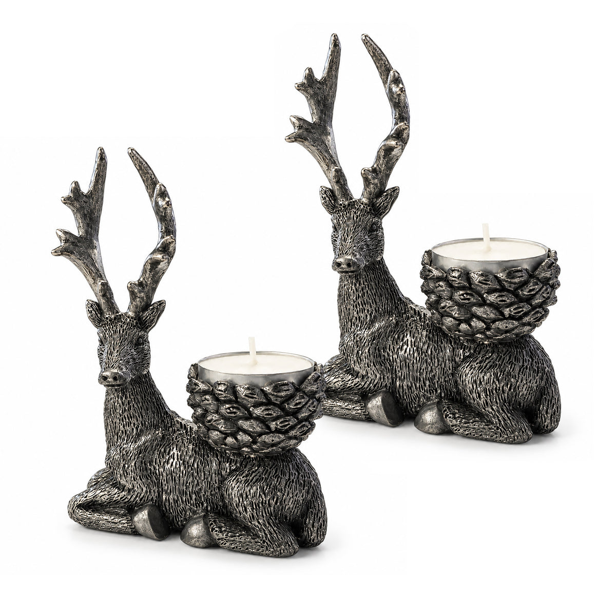 Antique Silver Stag Tealight Holders – Set of 2
